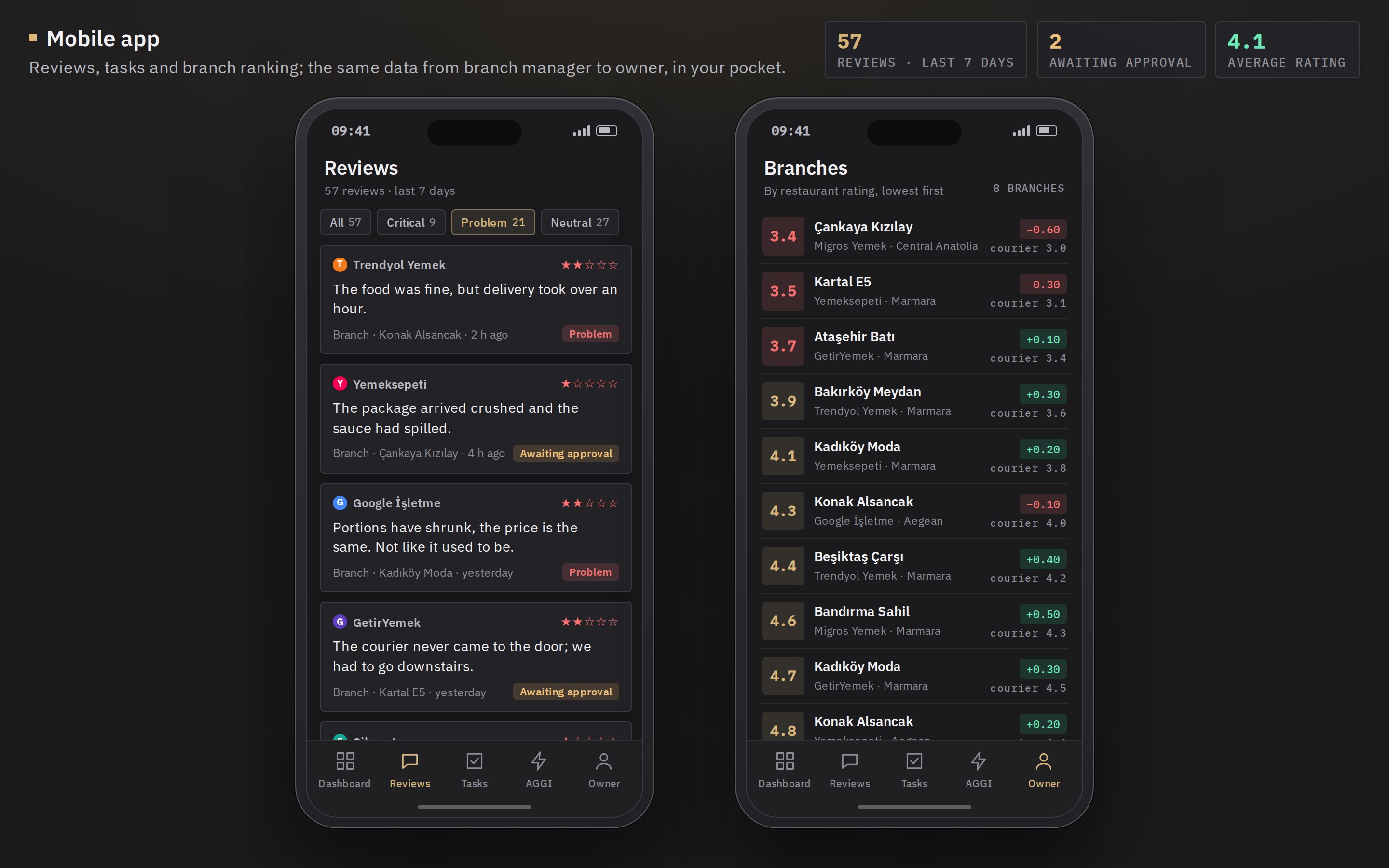 Mobile app: review list and branch ranking screens